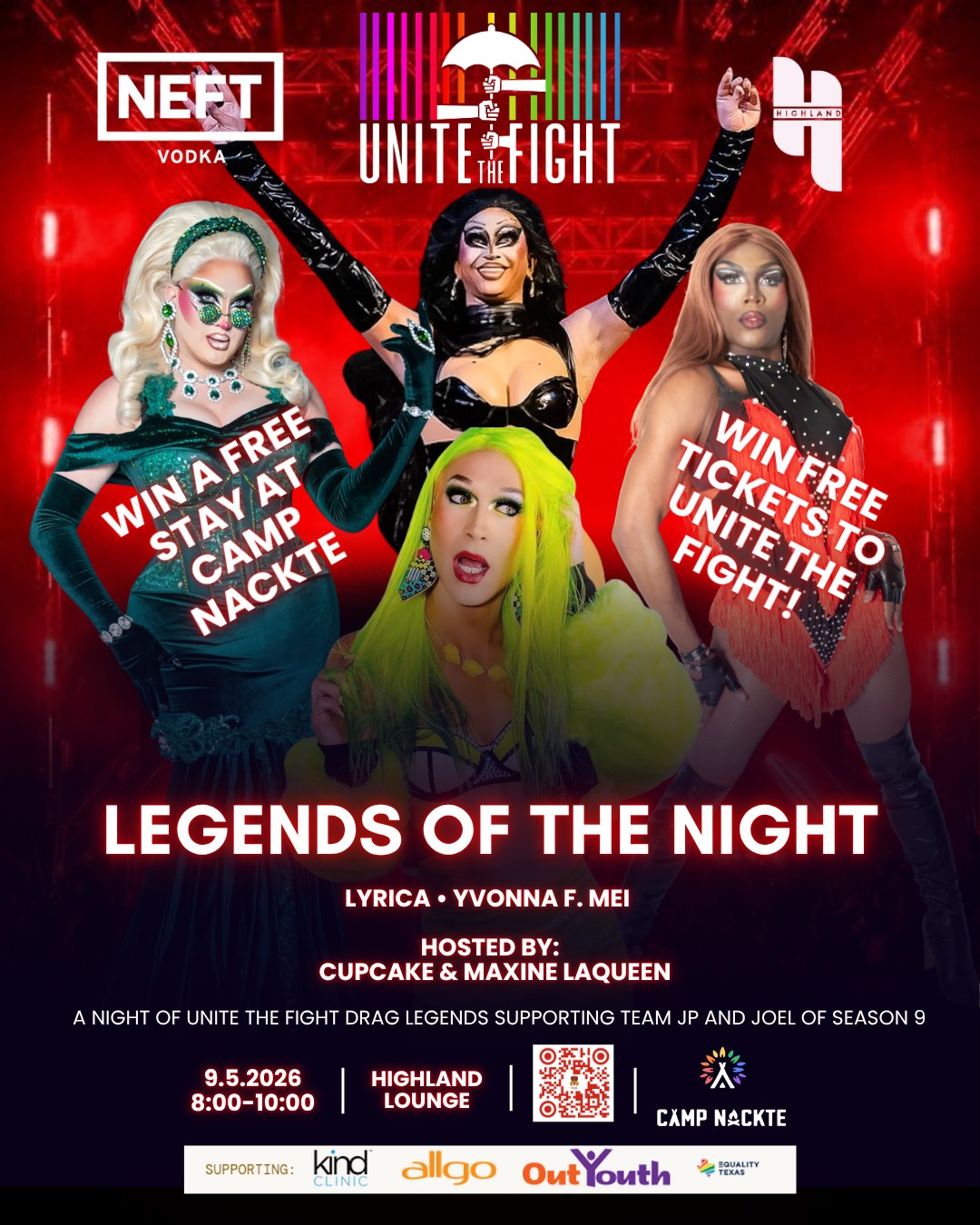 Legends of the Night flyer, September 5, 2026, 8 to 10 PM, Highland Lounge, Austin. Featuring Lyrica and Yvonna F. Mei, hosted by Cupcake and Maxine LaQueen. Presented by NEFT Vodka, Highland and Camp Nackte, supporting Team JP and Joel of Unite the Fight 2026.